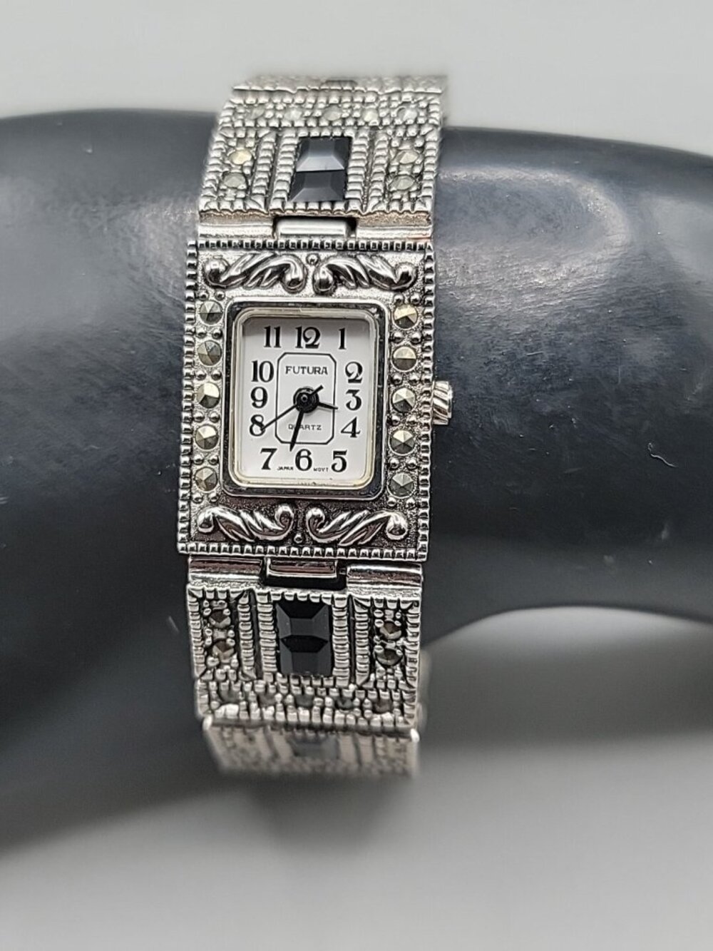 Futura Tank Ladies Quartz Watch 20mm Dial Marcasites Silver Tone 6.5” Band